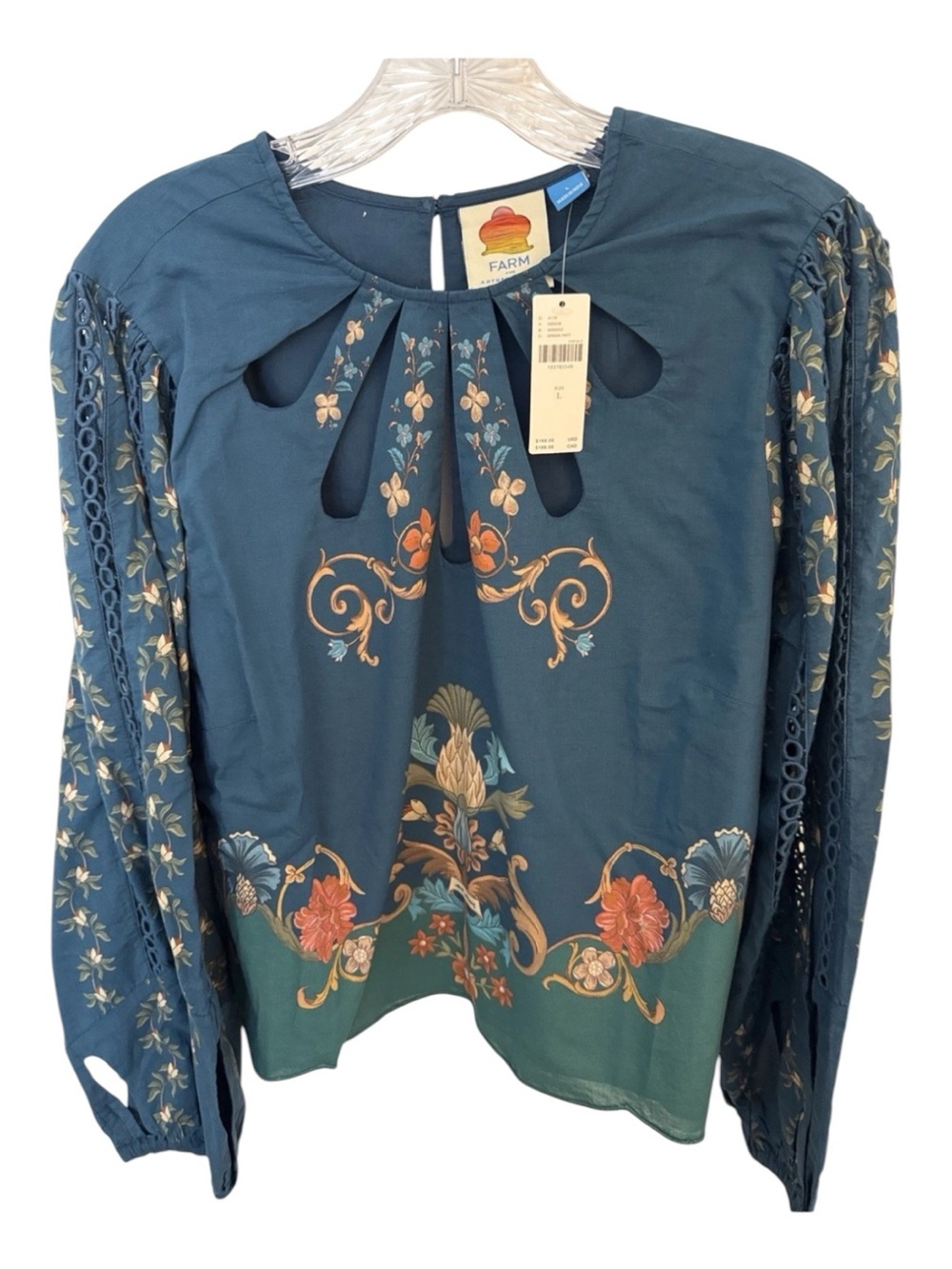 NWT Farm Rio Teal Green Floral Cutout Long-Sleeve Top Sz L